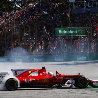 Motorsport PR: Interlagos, Sao Paulo, Brazil. Sunday 12 November 2017. Sebastian Vettel, Ferrari SF70H, performs doughnuts as he returns to the pits after winning the race